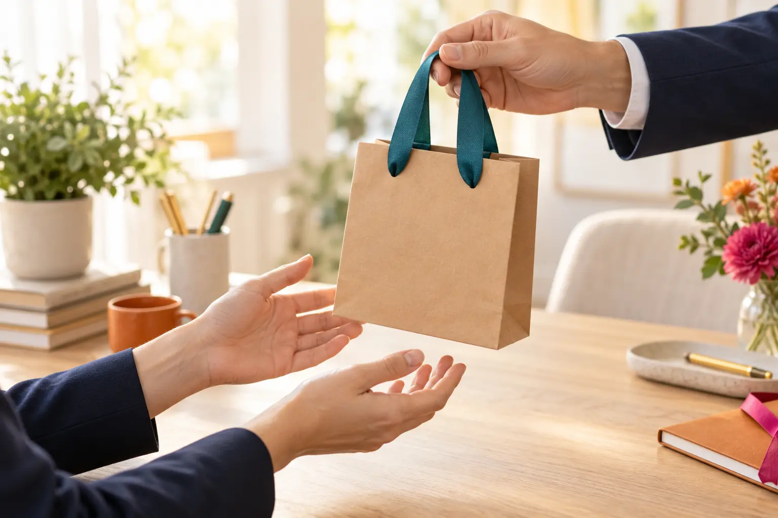 Een cadeautasje wordt over een bureau overhandigd