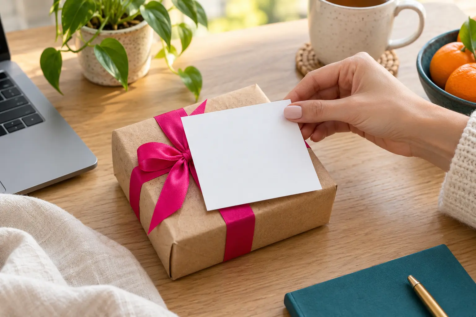 Een hand legt een kaartje op een pakketje met roze lint