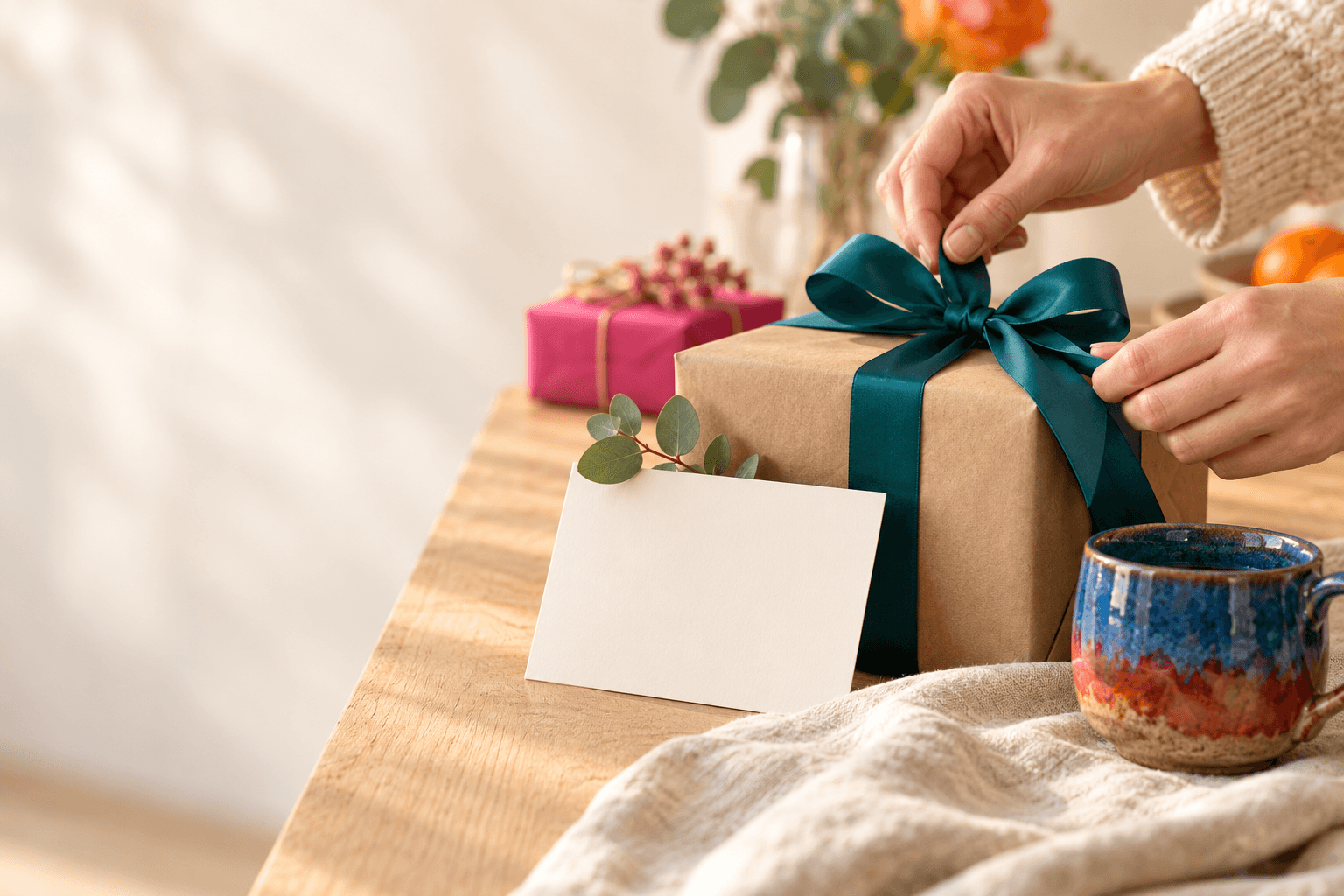 Handen strikken een groen lint om een cadeau in kraftpapier, naast een blanco kaartje en een keramieken kopje