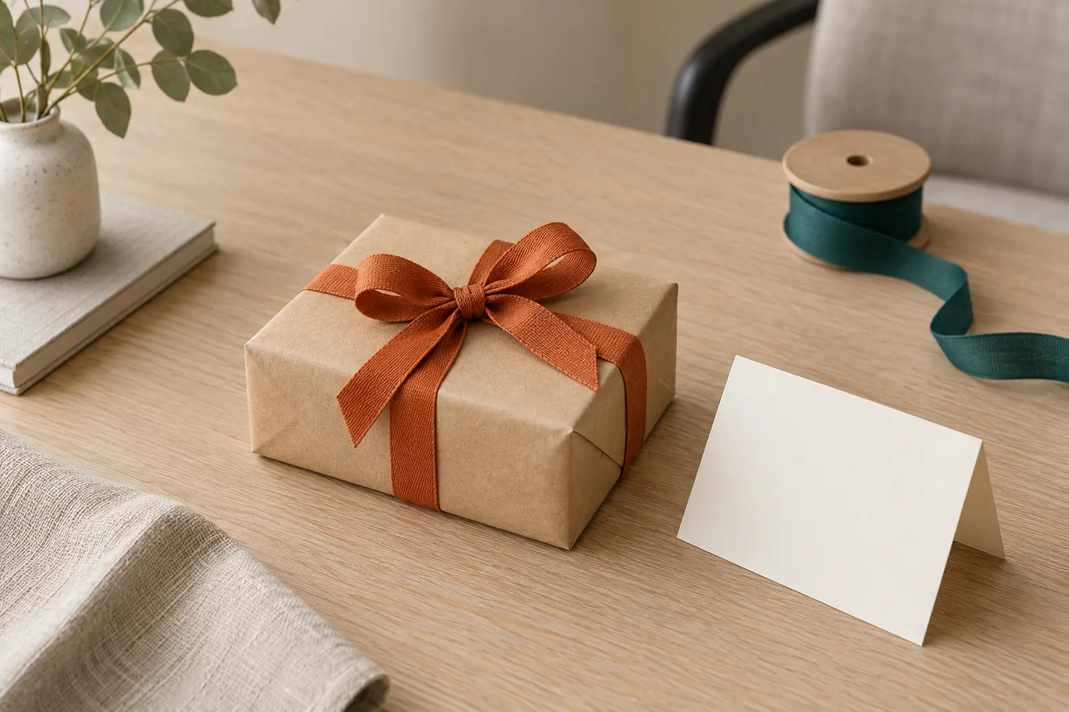 Een jubileumcadeau met oranje lint en een blanco kaart