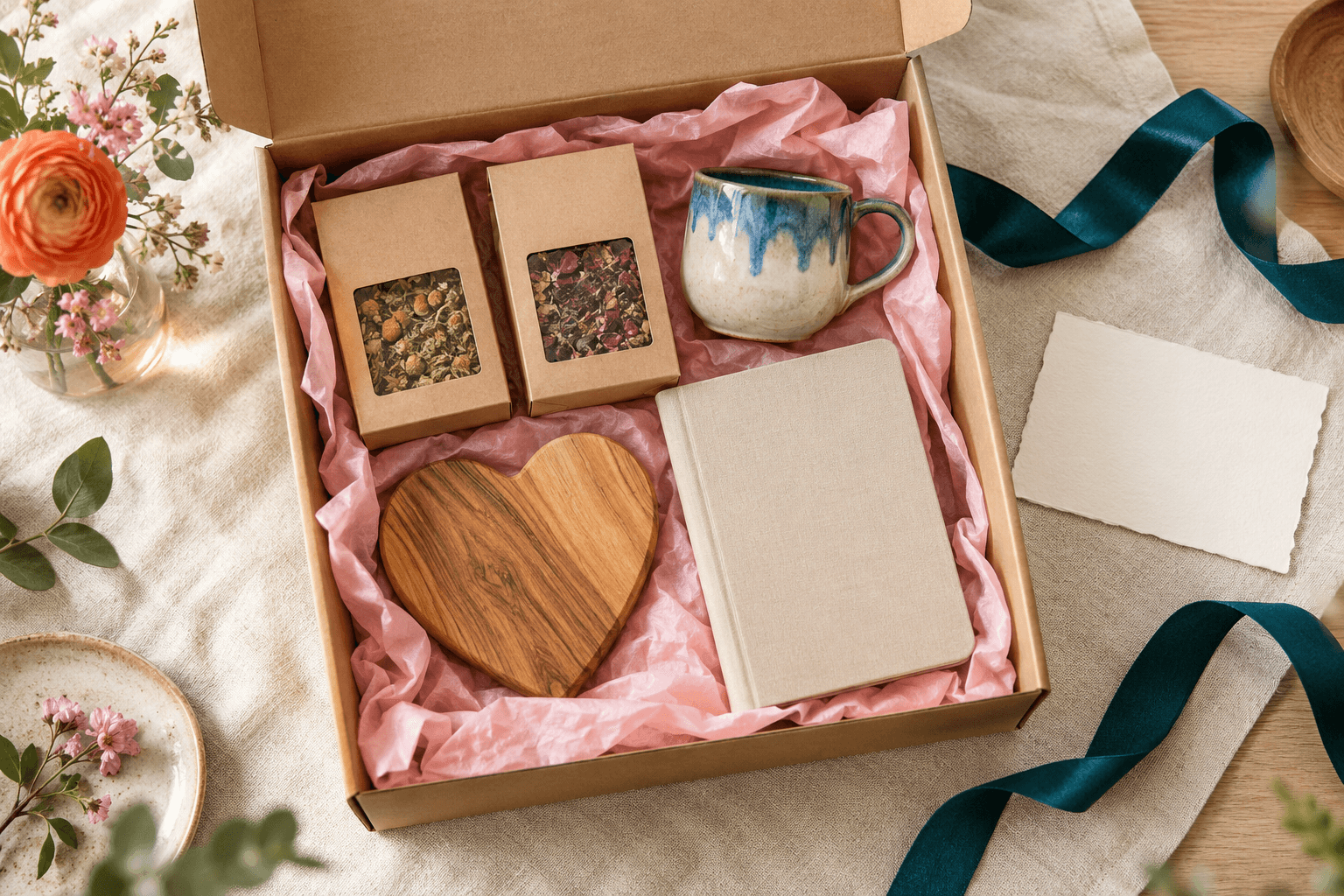 Een samengesteld cadeaupakket met thee, een kopje, een houten hartje en een notitieboekje